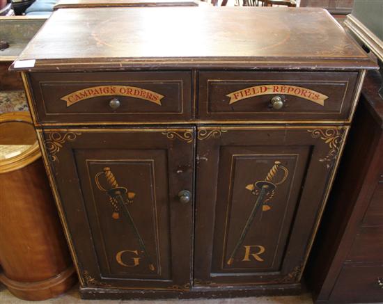 Painted pine cabinet with 2 drawers & 2 cupboard doors, decorated with various military insignia